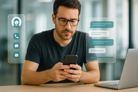 young man in eyeglasses using smartphone while sitting at table in officeの素材