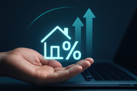 Hand holding house icon with arrow up on laptop screen, real estate conceptの素材