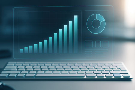 Close up of modern keyboard with glowing digital business chart on blurry office background. Finance and trade concept. 3D Renderingの素材