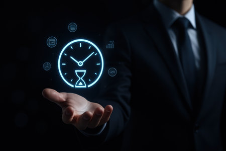 Time management concept with businessman holding clock in his hand on dark backgroundの素材