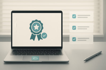 Laptop screen displaying an award concept. 3D render illustration.の素材