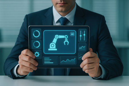 Smart industry 4.0 concept on virtual screen. Businessman working with smart industry 4.0 concept.の素材