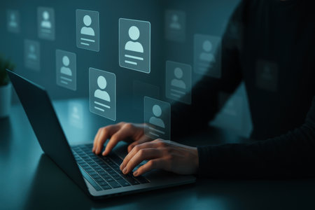 Hands typing on laptop keyboard with social media icons on dark backgroundの素材