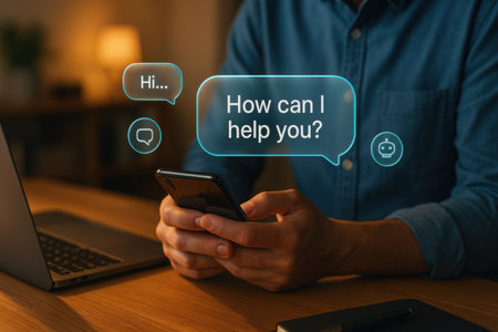 Man using smartphone with social media icons and text Hello I can help youの素材