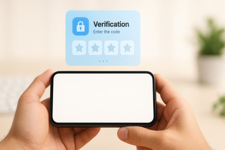 Female hands holding smart phone with virtual security app on screen at homeの素材