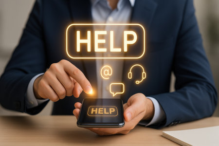 Businessman using smartphone with help text on screen. Online support concept.の素材