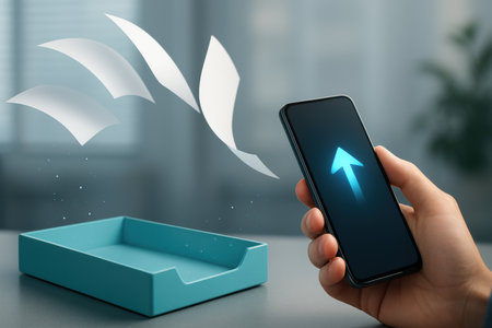 male hand holding smart phone with flying paper plane on blue box backgroundの素材
