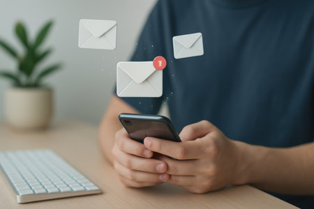 Man using smartphone and sending email. E-mail marketing concept.の素材