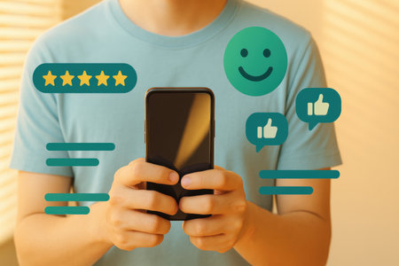 Customer reviews concept. Man holding smartphone with positive and negative feedback iconsの素材