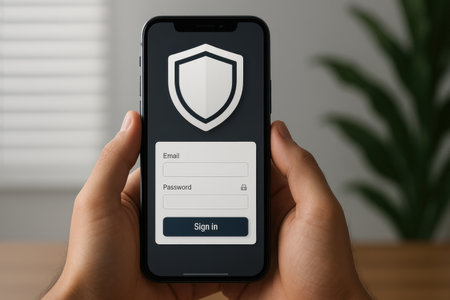 male hands holding a smartphone with antivirus app on the screen.の素材