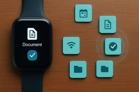 Digital composite of Smart watch with blue icons against wooden background with copy spaceの素材