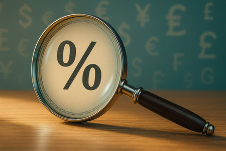 Magnifying glass with percent sign on wooden table. 3D illustration.の素材