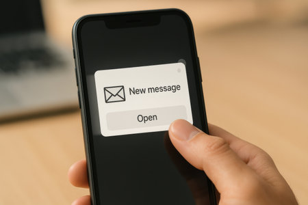 Close up of a hand holding a smartphone with a newsletter on the screenの素材
