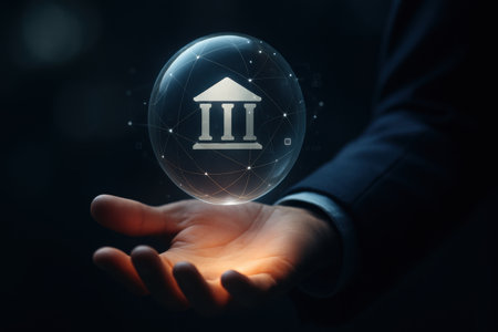 Businessman holding a glowing bank icon in his hand. 3D renderingの素材