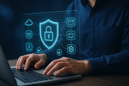 Businessman working on laptop with cyber security concept. 3D renderingの素材