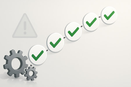 3d rendering of gears with green checkmark in front of white backgroundの素材