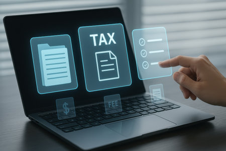 Tax concept on the screen of a laptop. Businessman working in officeの素材