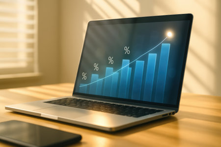 Laptop with financial chart on screen. 3d rendering and business concept.の素材