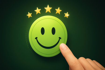 Customer satisfaction rating concept. Human hand pressing green button on green backgroundの素材