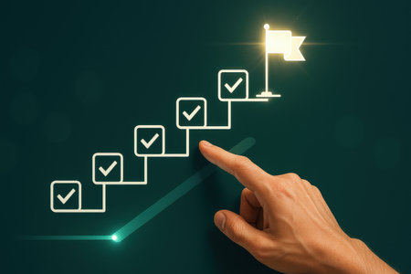Hand pointing at a success chart on a dark green background. Business success conceptの素材