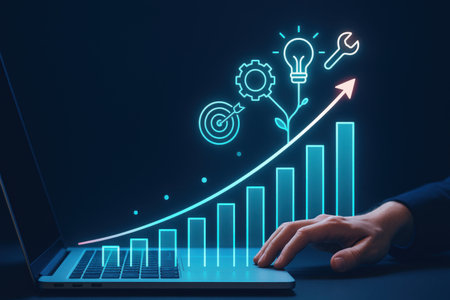 Side view of businessman working on laptop with glowing light bulb and gear diagram on dark background. Innovation concept. 3D Renderingの素材