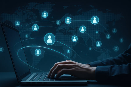 Businesswoman working on laptop with social media icons on dark blue backgroundの素材