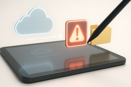 Cloud computing concept with tablet pc and exclamation mark on white backgroundの素材