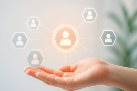 Close up of female hands holding virtual icon of social network in palmの素材