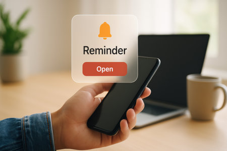 Hand holding smart phone with reminder notification on screen. Notification concept.の素材