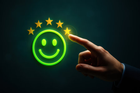 Hand touching customer satisfaction rating icon with smiley face on dark backgroundの素材