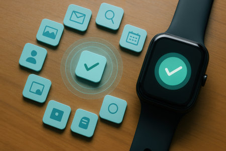 Smart watch with application icons on the screen. Technology and communication concept.の素材