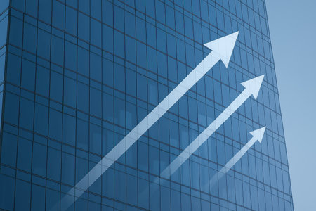 3d illustration of arrows pointing up over blue glass skyscraper backgroundの素材
