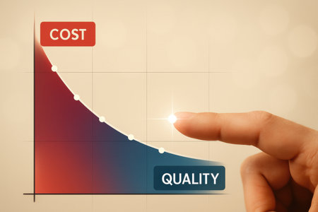 Businessman hand pointing at COST QUALITY button on virtual screenの素材