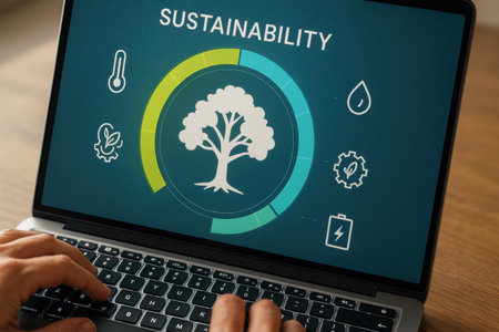 Sustainability concept shown on a laptop used by a man with a technology backgroundの素材