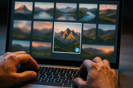 Hands using laptop against composite image of mountains and sky in backgroundの素材