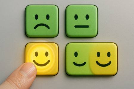 Finger pressing the green buttons with smiley face on grey backgroundの素材