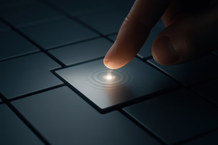 Close up of finger pushing button on a touch screen interface. 3d renderingの素材