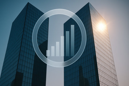 Business graph against low angle view of skyscrapers under blue skyの素材