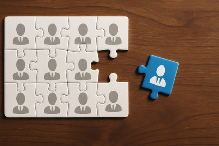 Puzzle pieces with one missing piece on wooden background, business conceptの素材