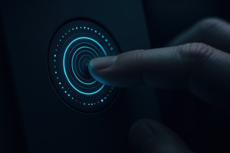 Close up of human hand pushing button on a touch screen interface.の素材