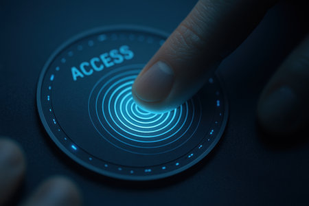 Hand pressing access control button on a touch screen interface. 3D Renderingの素材