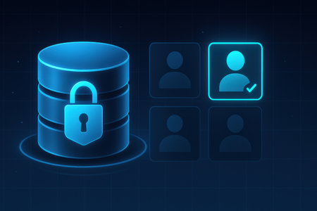 Data security concept. Database with padlock and user icons on blue backgroundの素材