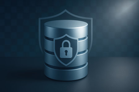 Data security concept with shield and padlock on blue background. 3D renderingの素材