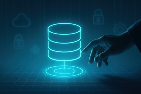 hand touching data center icon on blue abstract background. 3d renderingの素材