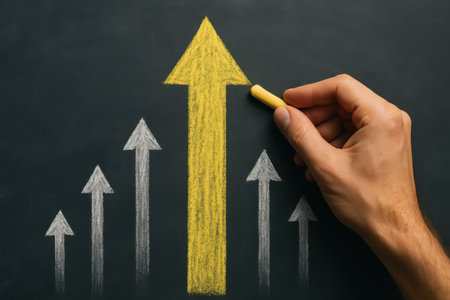 Hand drawing arrow on blackboard, closeup. Business growth conceptの素材