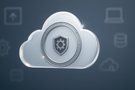 Cloud computing security concept with shield and gear icon. 3D renderingの素材