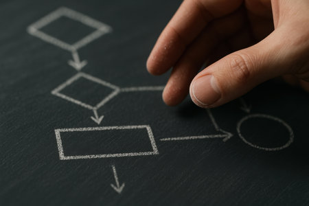 Hand drawing diagram on blackboard, closeup. Business strategy conceptの素材