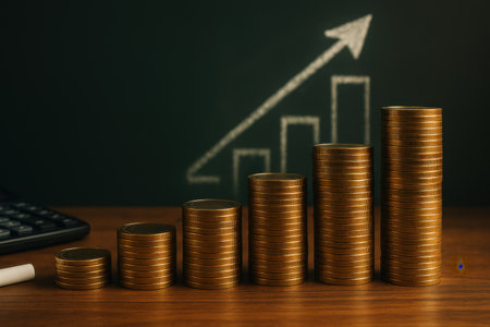 Stacks of coins and financial graph on blackboard background, business growth conceptの素材