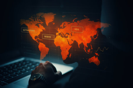 Hands of man working with laptop and world map on dark backgroundの素材