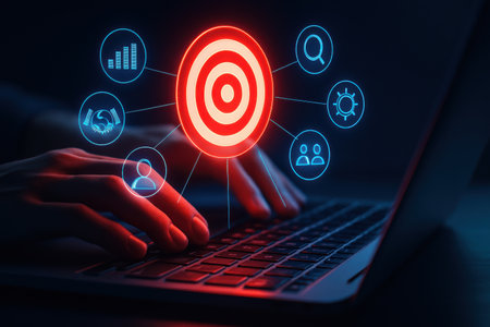 Woman using laptop with target icon on screen. Marketing and advertising conceptの素材